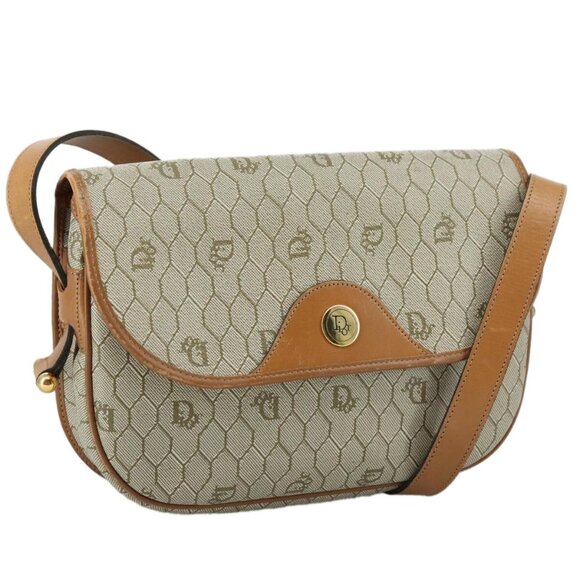 Christian Dior Honeycomb Canvas Shoulder Bag PVC Leather Beige Auth ac3462 - Picture 1 of 16
